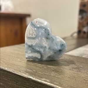 Moss Agate Heart Stone - White, blue and Sage Green Swirl